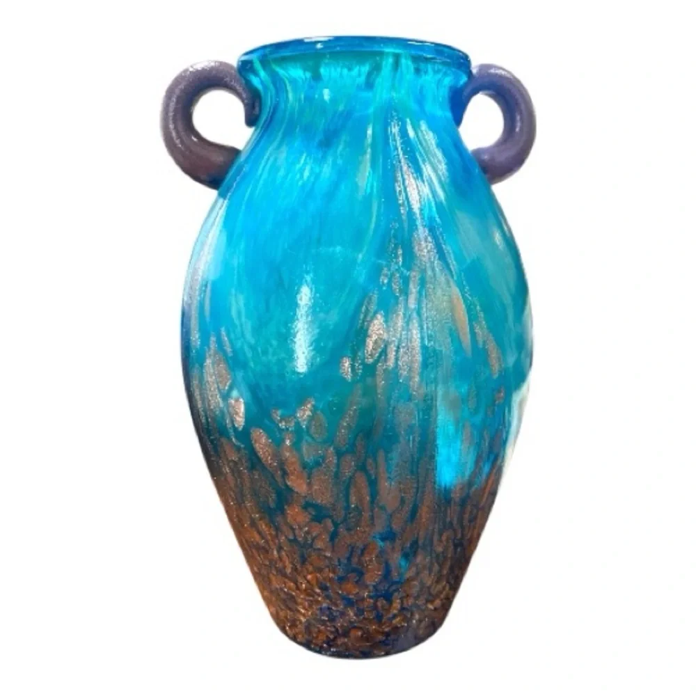 Dale Tiffany Favrile Art Glass Amphora Teal Blue Vase Gold Copper Aventurine 8